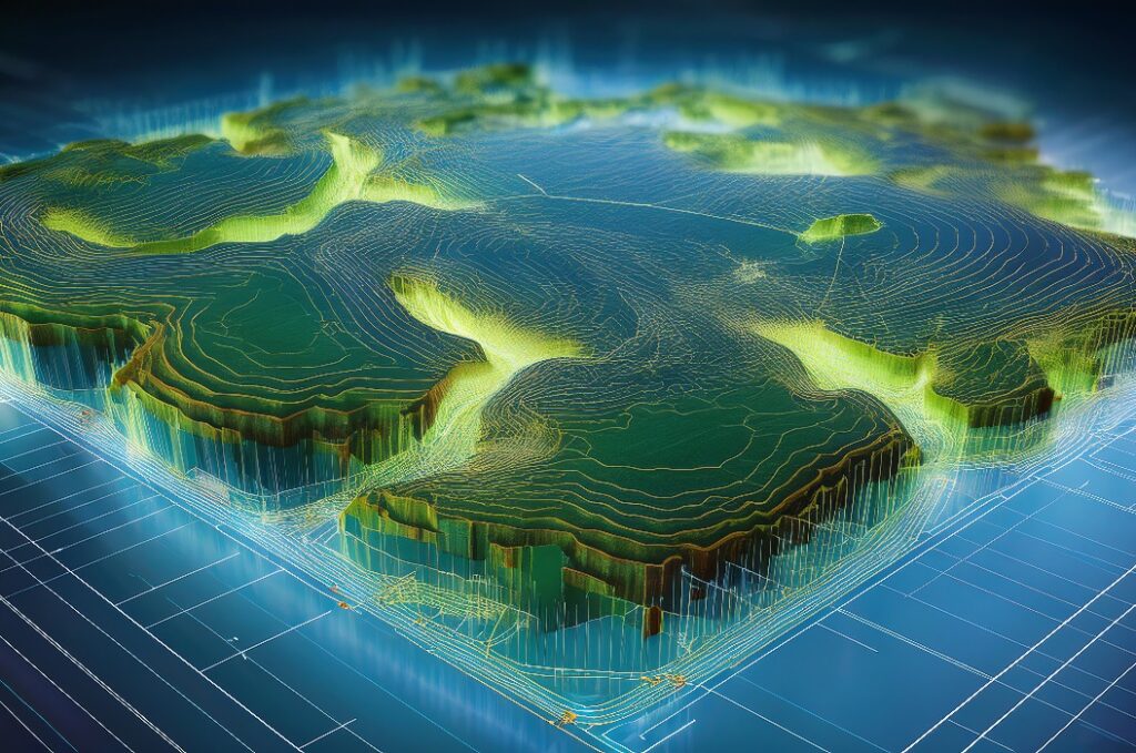 Eine lebendige, digitale Landschaft mit beleuchtetem Terrain und Wasserwegen, die fortschrittliche Technologie und Datenvisualisierung in einem 3D-Format darstellt.