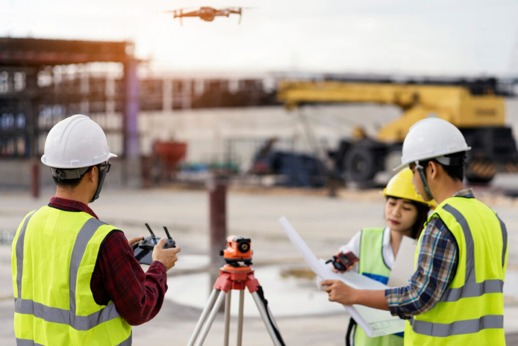 Bauingenieure messen Baustelle mit einer Drohne