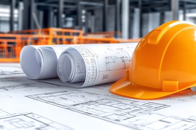 Aufgerollte Blaupausen und ein leuchtend gelber Schutzhelm, der auf Stahlträgern auf einer Baustelle ruht, symbolisieren akribische Planung und Sicherheit am Arbeitsplatz