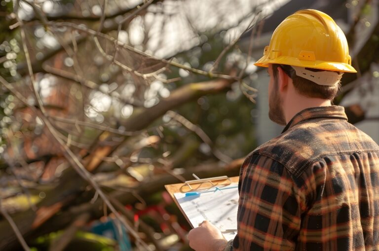 Bauarbeiter, der Baumschäden für Versicherungsansprüche begutachtet