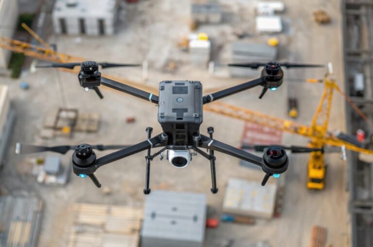 Nahaufnahme von Roboterdrohnen, die eine Baustelle überwachen