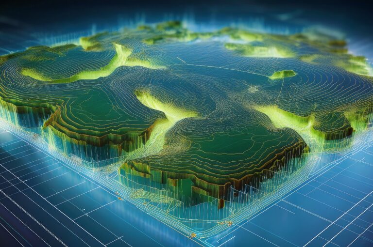 Eine digitale Landschaft mit beleuchteten Gelände- und Wasserflächen
