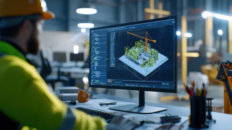 Visualisierung eines Bauprojekts: Büro, digitales Modell, Innenraum, Nahaufnahme, realistische BIM-Szene